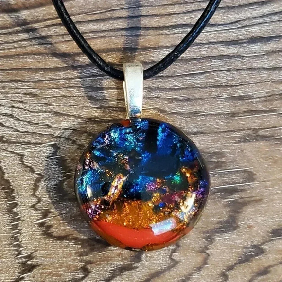 Dichroic Fused Art Glass Round Blue Red Pendant Black Leather Cord Necklace C - Picture 3 of 7